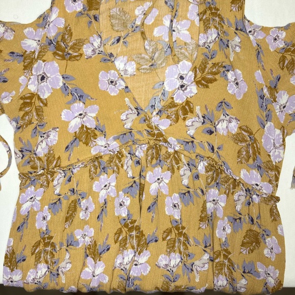 Hommage Los Angeles Mustard Yellow Floral Print Cold Shoulder Dress - Picture 10 of 12